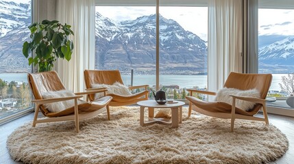 Obraz premium Modern, cozy living area with mountain and lake views