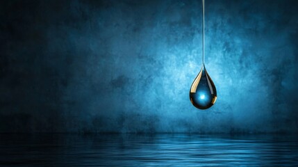 Symbolize of liquid substance. Droplet reflecting light over a textured blue background with rippling water.