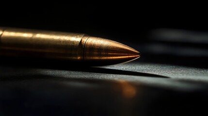A striking close-up reveals the sharp tip of a gleaming bullet against a dark backdrop, enhancing detail.