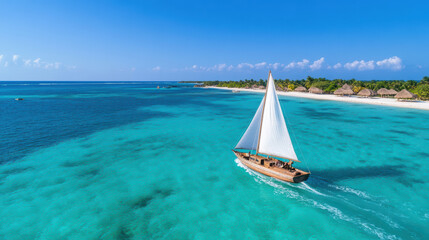 Obraz premium Sailboat gliding across turquoise sea under clear blue sky, creating serene atmosphere