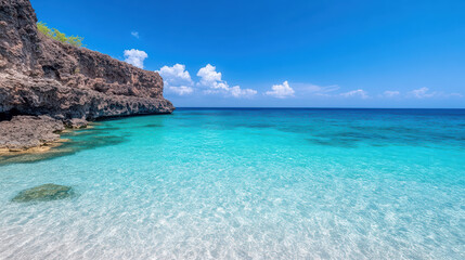 Fototapeta premium Crystal clear turquoise water meets rocky cliffs bright blue sky, creating serene beach scene