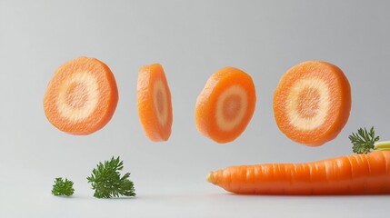 Sliced carrots floating artfully against a minimalist background, showcasing their vibrant color and natural form, perfect for food or health-related projects.
