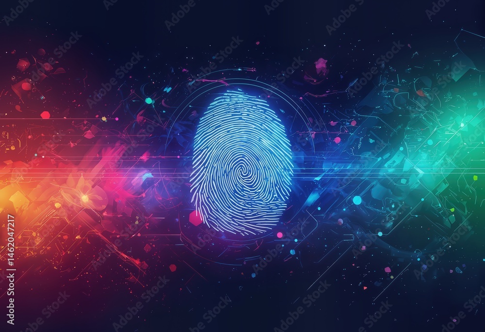 Poster a vibrant, digitally rendered fingerprint is centered against a swirling, colorful backdrop of abstr