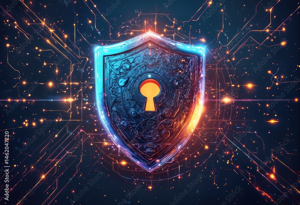 Poster a glowing shield with a keyhole is superimposed on a vibrant network of digital connections, represe