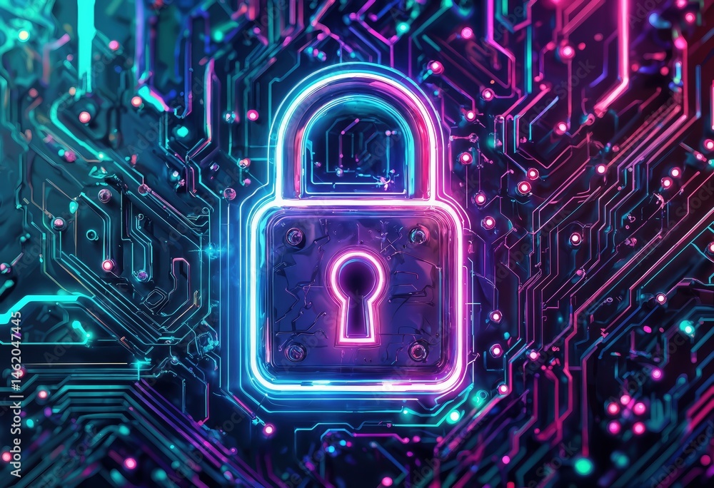 Poster a glowing padlock icon overlaid on a complex circuit board symbolizes digital security and data prot
