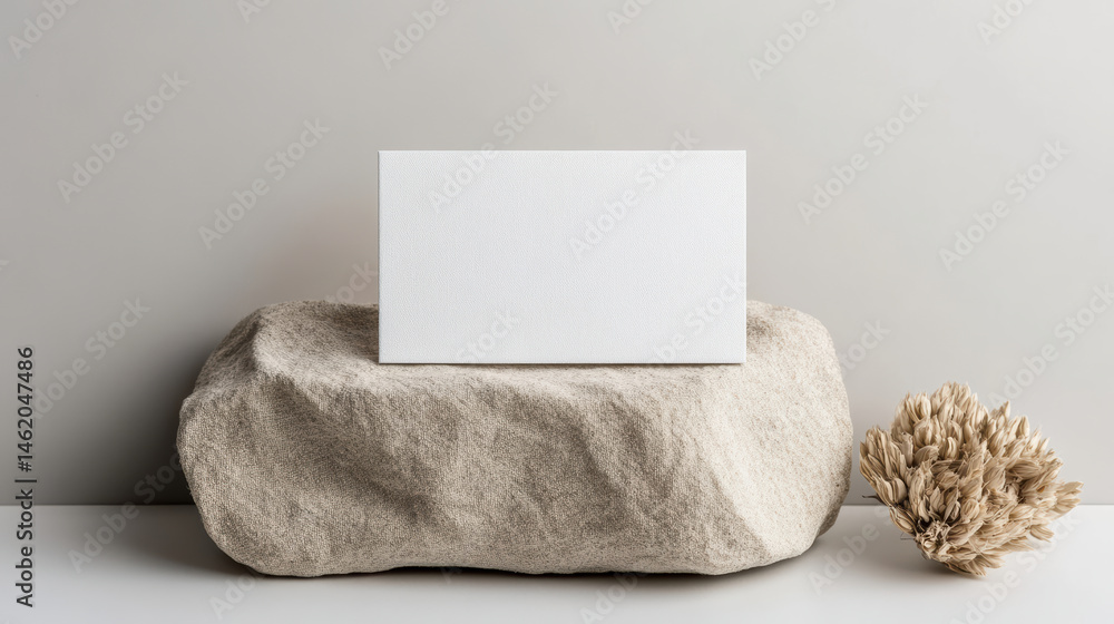 Poster minimalist card display on natural stone with soft linen texture, creating serene atmosphere