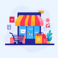 Colorful online store illustration with shopping cart and bags.