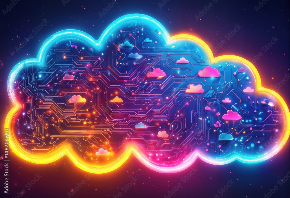 Poster a vibrant digital cloud composed of interconnected circuits and miniature cloud icons glows with neo