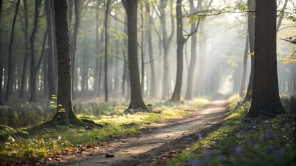 Obraz premium Serene forest pathway nature landscape blurred background tranquil environment soft light