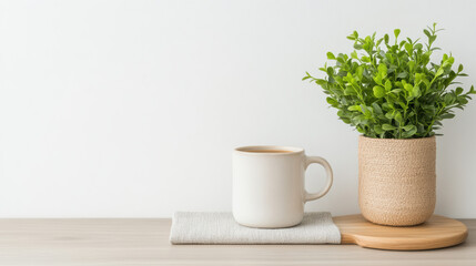 Cozy scene featuring white mug, small plant woven pot, and neutral colored placemat