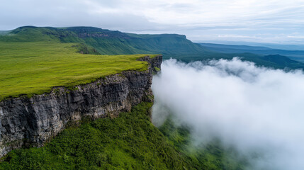 Fototapeta premium Lush green cliffside landscape with mist rolling over edge, creating serene atmosphere