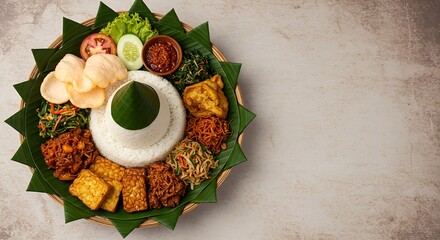 A vibrant, overhead shot of traditional cuisine, featuring rice surrounded by various side dishes.