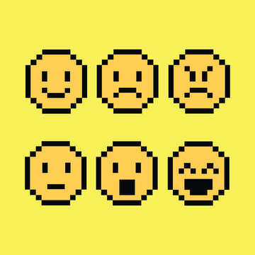 Pixel emotion face icon group in retro 8-bit style on vibrant neon yellow pixel background