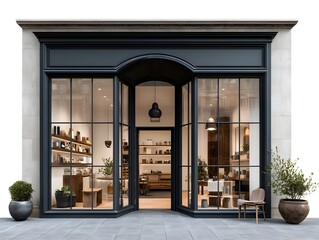 A modern retail store storefront with large glass displays merchandise and inviting interior design elements.