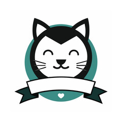 Cute smiling cat logo design with a banner and heart perfect for branding and stickers