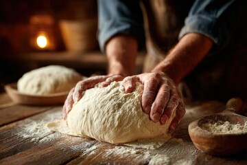 Fototapeta premium A baker kneads dough on a wooden table, surrounded by flour and another loaf, in a warm rustic kitchen setting.