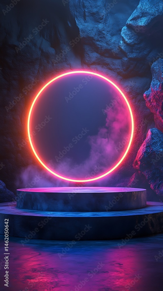 Poster mysterious neon platform: an intriguing neon circle floats above a textured platform, set against a 