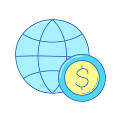 World Globe Doodle style, earth sphere with dollar coin, ideal for global finance, trade, or international business concepts.
