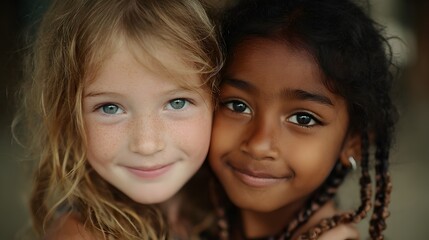 Fototapeta premium Two adorable young girls with different ethnicities embrace and smile sweetly for a heartwarming close-up portrait.