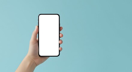 A clean modern smartphone held vertically in a person's hand against a solid blue background.