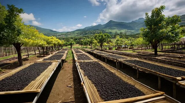 Vast vanilla fields under a bright sky with mountains