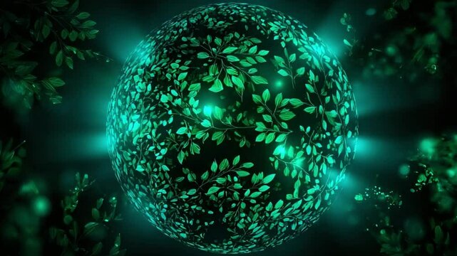 Creative eco-friendly backdrop featuring vibrant green leaves in a glowing orb design