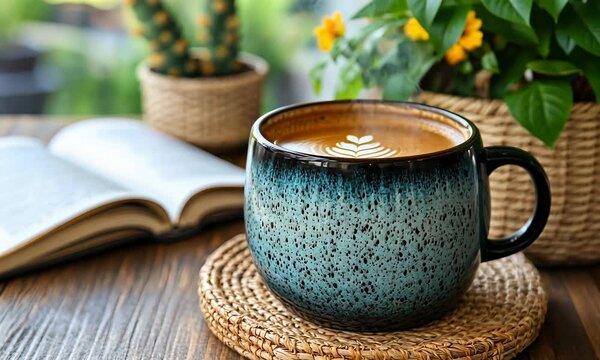 Cozy coffee mug on wooden table