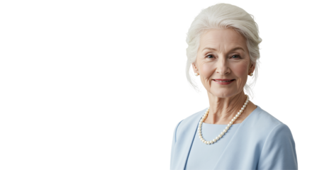 Elegant Portrait of a Senior Woman with Silver Hair and Pearl Jewelry, Smiling Gracefully Against a Dark Background
