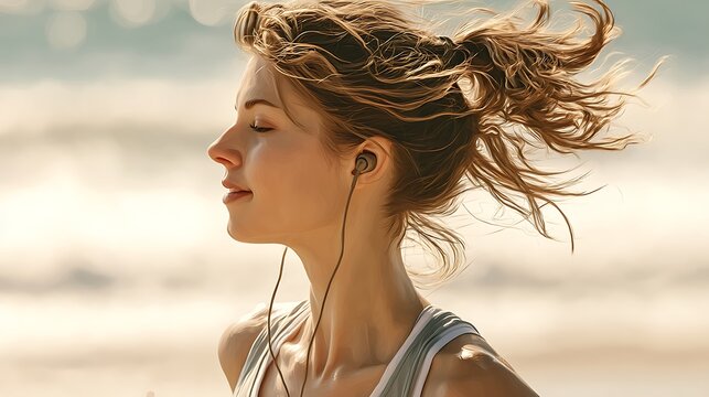Peaceful Woman Jogging on Beach Listening to Music with Earbuds
