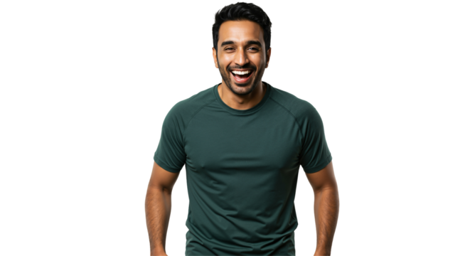 Smiling Adult Male with Dark Hair Wearing Green T-Shirt Posing Confidently Against Black Background - Powered by Adobe
