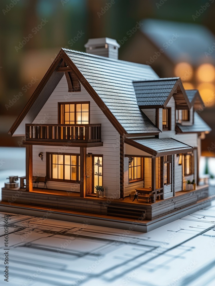 Poster miniature house model with illuminated windows placed on architectural blueprints showcasing design 