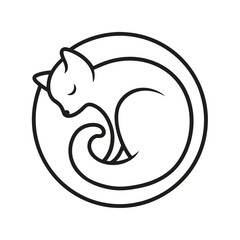 Simple black and white illustration of a sleeping fox curled up in a circle
