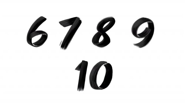 Black grunge paint brush stroke numbers 6-10. Six, seven, eight, nine, ten scribble sketch doodle font typefaces. Hand drawn digits on a transparent alpha channel.