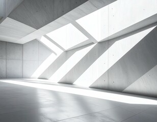 Obraz premium Modern minimalist concrete architecture interior with sunlight streaming through triangular skylights. Perfect for design, architecture, and real estate projects.