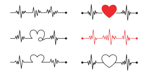 heart bit line set vector silhouettes Heart Rate Monitor Waveforms with Red and Black Hearts, Heart Rate Monitor Waveforms with Heart Icons, Heart Rate Monitor with Different Heart Icons