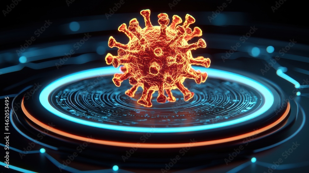 Poster microscopic virus particle on futuristic digital platform scientific 3d rendering of a coronavirus