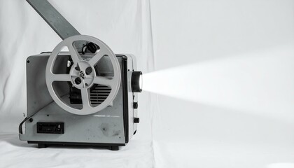 Naklejka premium Vintage film projector casting a beam of light, nostalgic image.