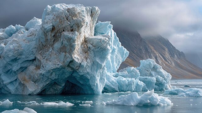 Large glacier fragment surrounded by calm water and mountains during cloudy weather in a remote location