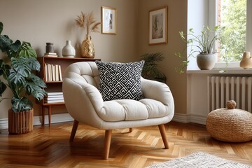 Cozy living room with stylish armchair, greenery, and decorative elements enhancing the inviting ambiance