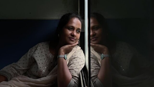 A happy woman sitting inside a train and looking out through the window