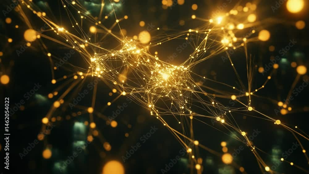 Aufkleber intricate golden network with glowing nodes pulsing in a dark technological space