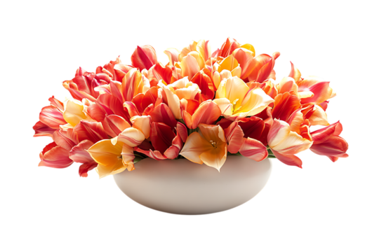 Orange and Yellow Tulips in White Vase on Transparent Background