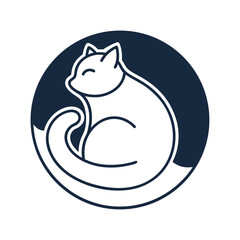 Minimalist illustration of a cat curled up inside a navy blue circular graphic