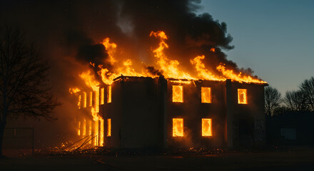 Building on Fire with Flames and Smoke at Dusk