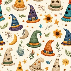 Naklejka premium Whimsical Autumn Witch Hats Seamless Pattern