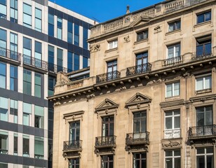 Fototapeta premium Modern and classic architecture contrast. Old stone building next to a new glass building.