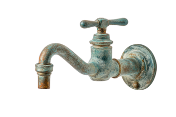 A close-up of a weathered, vintage-style metallic faucet, dripping with moisture, mounted on a pipe, with no visible background details. Isolated on a transparent background