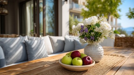 Bright outdoor table with fruit bowl and fresh flowers on a sunny day in a relaxing setting