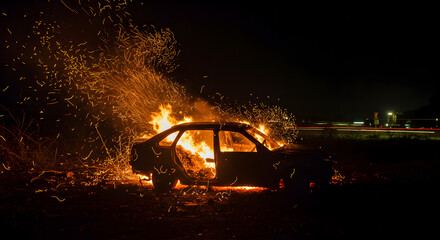 Car on Fire at Night with Sparks Flying in Dark Environment