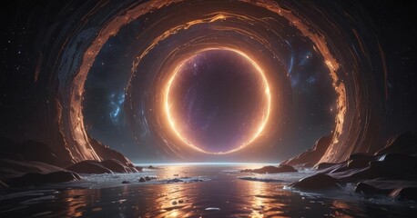 Shimmering portal, cosmic waves ripple across its surface, ethereal glow ,  mystical,  space